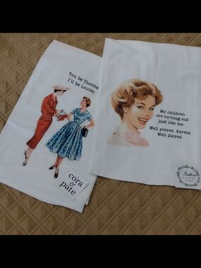 Retro Style Set of 2 Large Cora&Pate 100% Cotton Funny Kitchen Towels